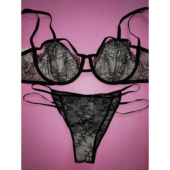 Victoria's Secret strappy 36C BRA SET+M panty+TEDDY one-piece beige black lace